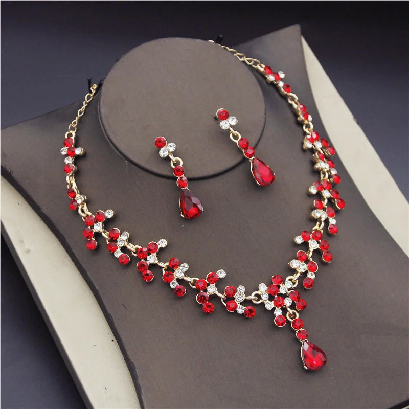 Crystal Bridal Wedding Jewelry Sets Women Gold Color Rhinestone Necklace Long Earrings Set Dress Accessories Bridesmaid