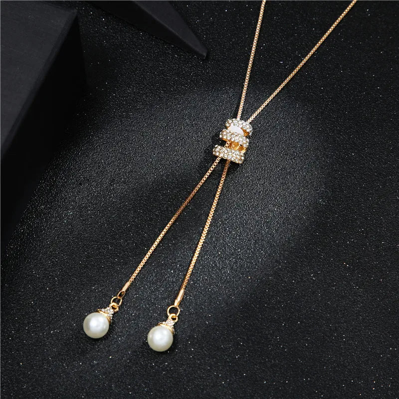 2023 NEW High Quality Fashion Metal Long Tassel Rhinestone Crystal Pearl Long Chain Necklace Sweater Patry Necklace Jewelry
