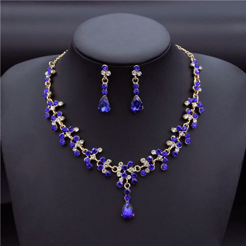 Crystal Bridal Wedding Jewelry Sets Women Gold Color Rhinestone Necklace Long Earrings Set Dress Accessories Bridesmaid