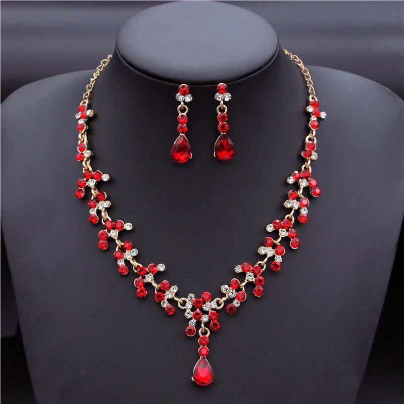 Crystal Bridal Wedding Jewelry Sets Women Gold Color Rhinestone Necklace Long Earrings Set Dress Accessories Bridesmaid