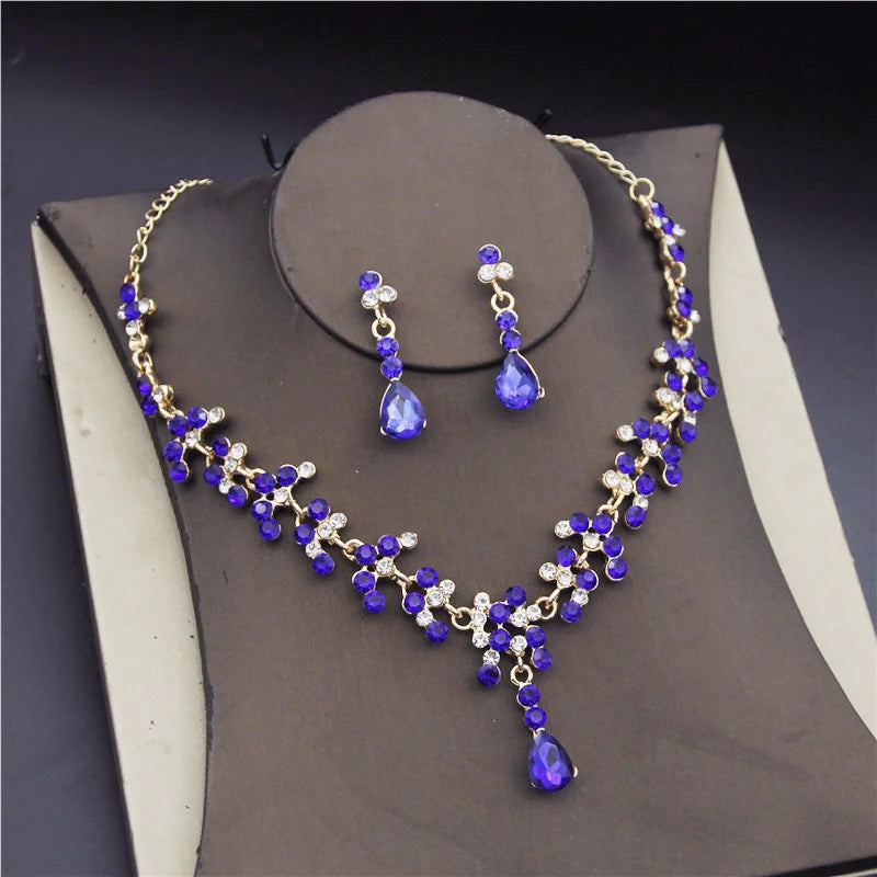 Crystal Bridal Wedding Jewelry Sets Women Gold Color Rhinestone Necklace Long Earrings Set Dress Accessories Bridesmaid