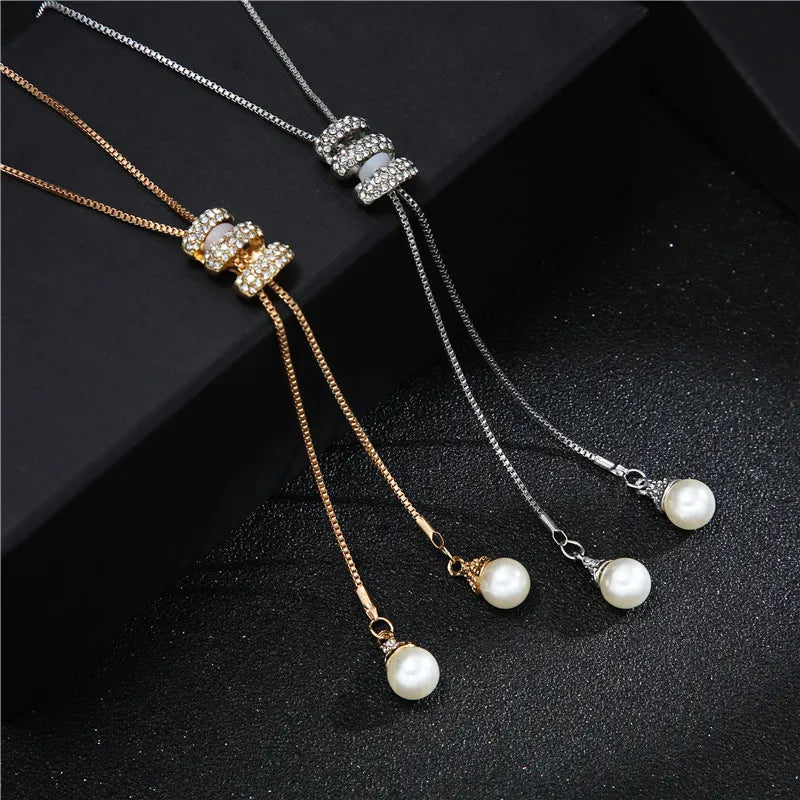 2023 NEW High Quality Fashion Metal Long Tassel Rhinestone Crystal Pearl Long Chain Necklace Sweater Patry Necklace Jewelry