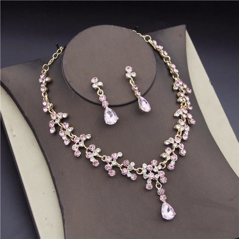 Crystal Bridal Wedding Jewelry Sets Women Gold Color Rhinestone Necklace Long Earrings Set Dress Accessories Bridesmaid