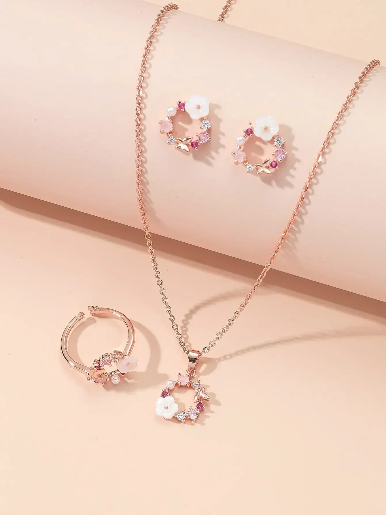 4 Pieces Rose Gold-color Jewelry Set Lady Flower Necklace Ring Earrings Fashion Accessories Zircon Simple Ornate Exquisite