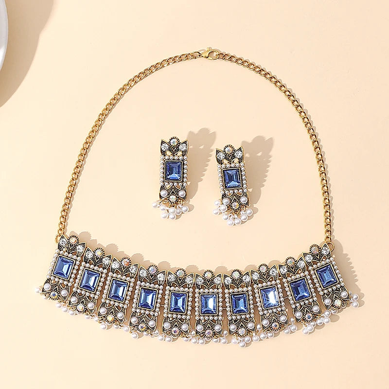 Luxury Blue Crystal Geometric Necklace Earrings Sets Bride Exquisite Zircon Pearl Tassel Necklace Women Wedding Banquet Jewelry