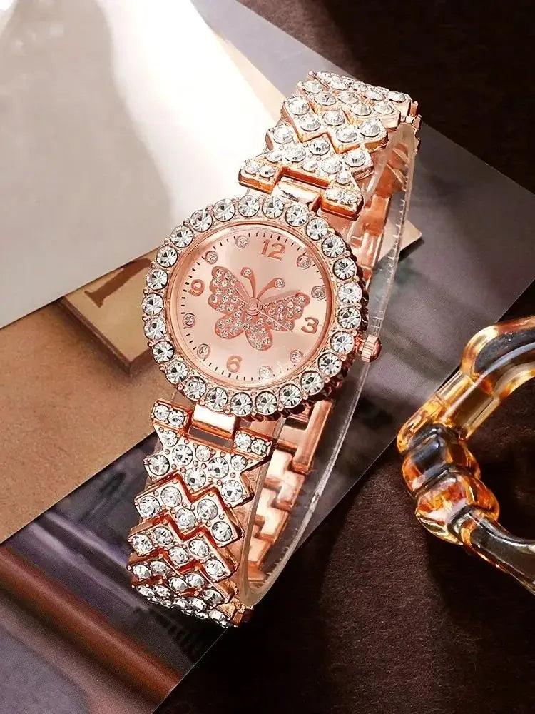6 Piece Jewelry Set Rose Gold Luxury Watches Women Rings Necklace Earrings Rhinestone Fashion Watches Casual Women Watches