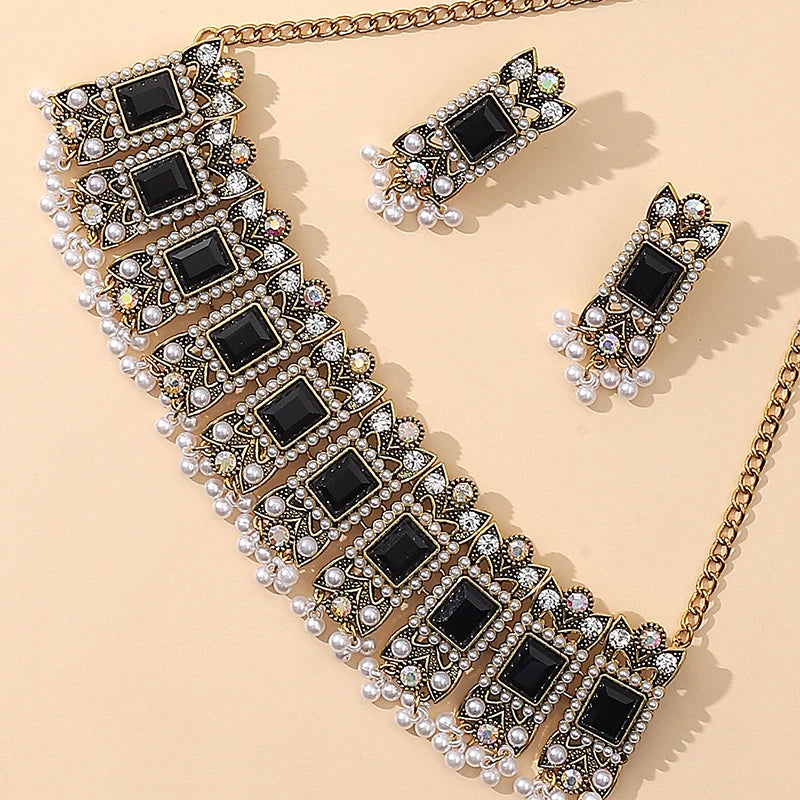 Luxury Blue Crystal Geometric Necklace Earrings Sets Bride Exquisite Zircon Pearl Tassel Necklace Women Wedding Banquet Jewelry