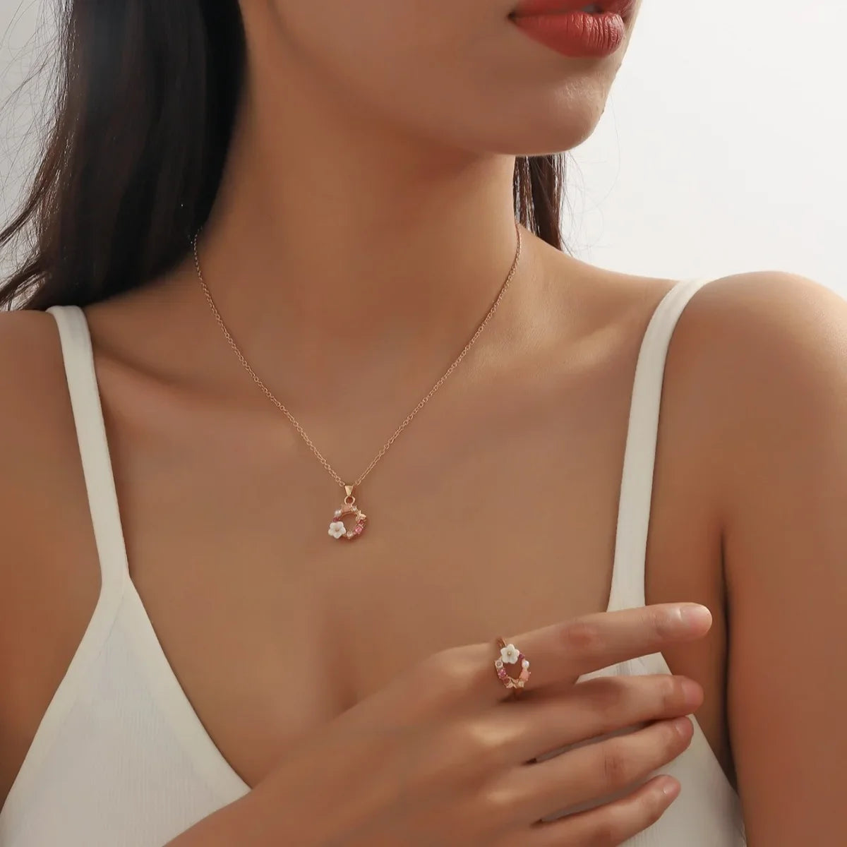 4 Pieces Rose Gold-color Jewelry Set Lady Flower Necklace Ring Earrings Fashion Accessories Zircon Simple Ornate Exquisite