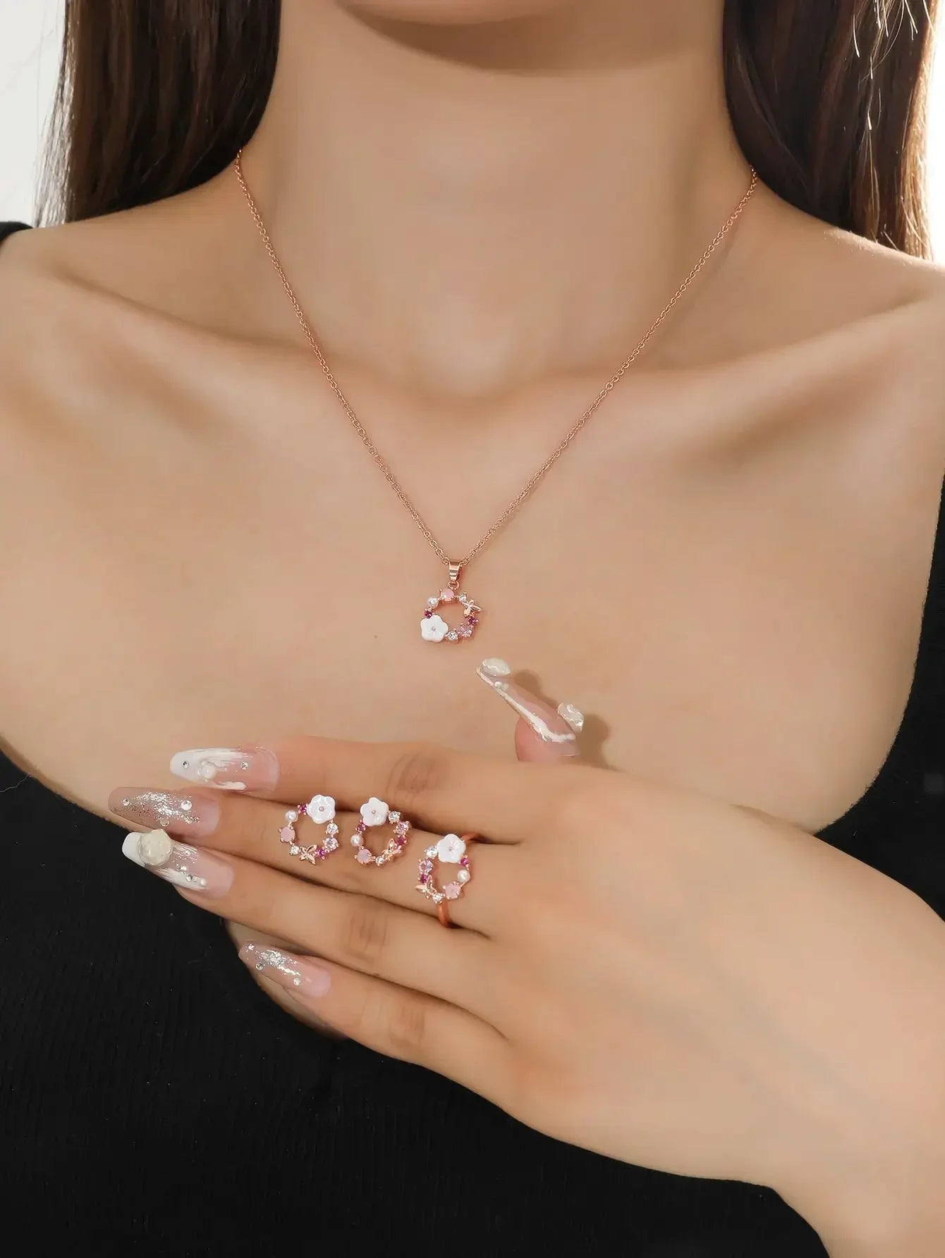 4 Pieces Rose Gold-color Jewelry Set Lady Flower Necklace Ring Earrings Fashion Accessories Zircon Simple Ornate Exquisite