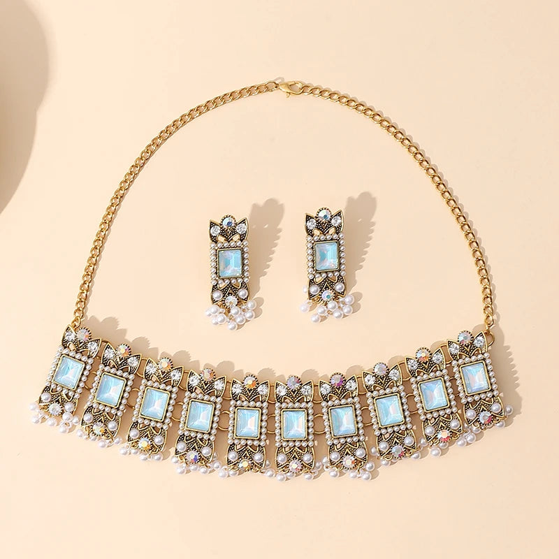 Luxury Blue Crystal Geometric Necklace Earrings Sets Bride Exquisite Zircon Pearl Tassel Necklace Women Wedding Banquet Jewelry