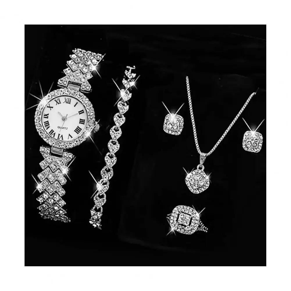 Luxury Watch Jewelry Set Elegant Rhinestone Jewelry Set for Women Watch Necklace Earrings Ring Luxury Gift Set with for Her