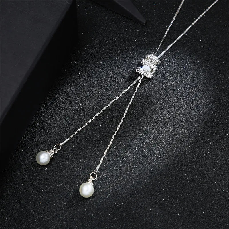 2023 NEW High Quality Fashion Metal Long Tassel Rhinestone Crystal Pearl Long Chain Necklace Sweater Patry Necklace Jewelry