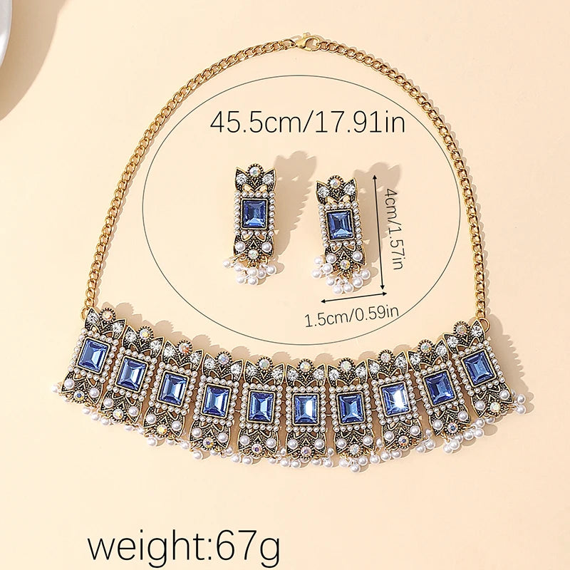 Luxury Blue Crystal Geometric Necklace Earrings Sets Bride Exquisite Zircon Pearl Tassel Necklace Women Wedding Banquet Jewelry
