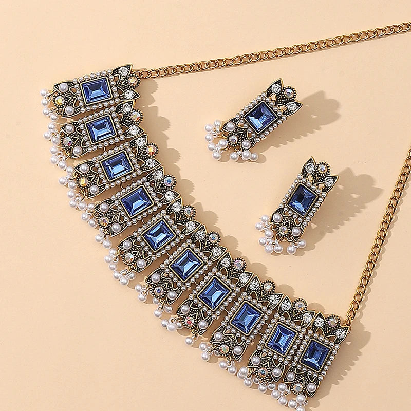 Luxury Blue Crystal Geometric Necklace Earrings Sets Bride Exquisite Zircon Pearl Tassel Necklace Women Wedding Banquet Jewelry