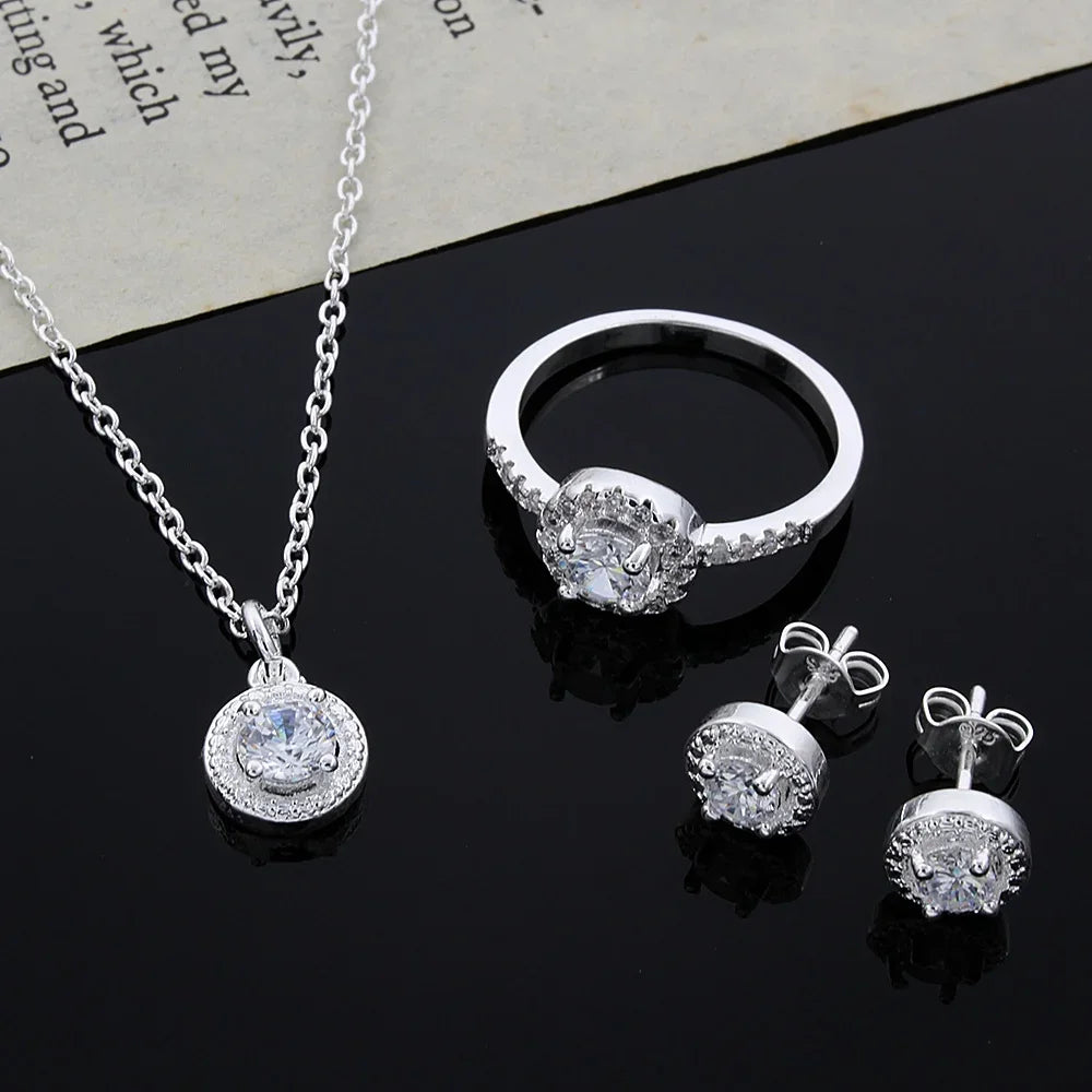 Fine 925 Sterling Silver Necklace Earring Ring Jewelry Set Solid Christmas Gift Noble Elegant for Lady Women Shiny Crystal CZ
