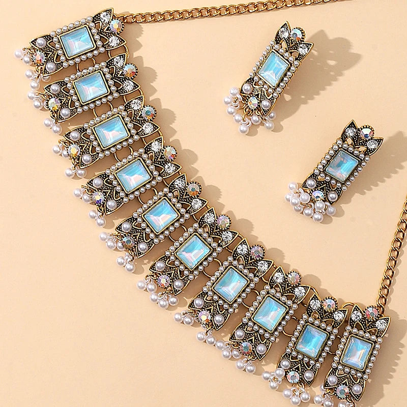 Luxury Blue Crystal Geometric Necklace Earrings Sets Bride Exquisite Zircon Pearl Tassel Necklace Women Wedding Banquet Jewelry
