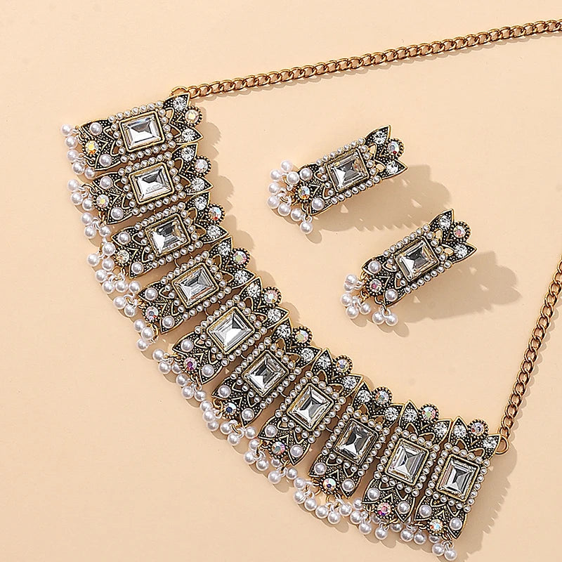 Luxury Blue Crystal Geometric Necklace Earrings Sets Bride Exquisite Zircon Pearl Tassel Necklace Women Wedding Banquet Jewelry