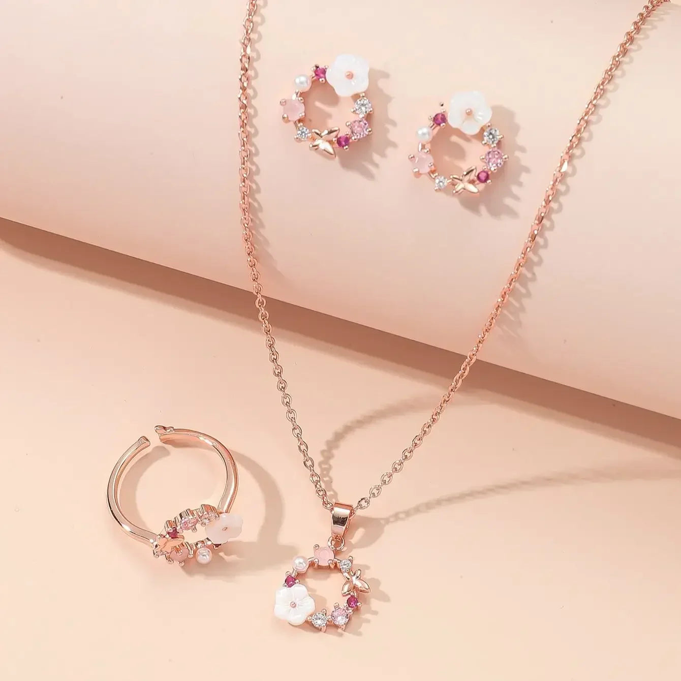4 Pieces Rose Gold-color Jewelry Set Lady Flower Necklace Ring Earrings Fashion Accessories Zircon Simple Ornate Exquisite