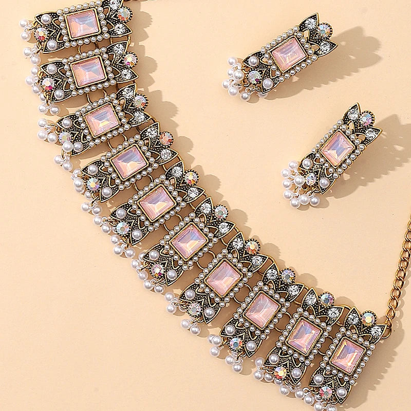 Luxury Blue Crystal Geometric Necklace Earrings Sets Bride Exquisite Zircon Pearl Tassel Necklace Women Wedding Banquet Jewelry