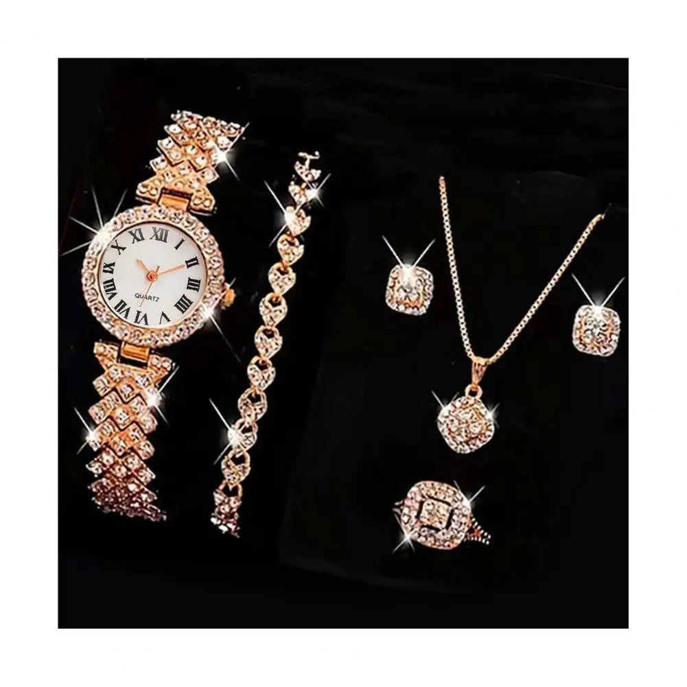 Luxury Watch Jewelry Set Elegant Rhinestone Jewelry Set for Women Watch Necklace Earrings Ring Luxury Gift Set with for Her