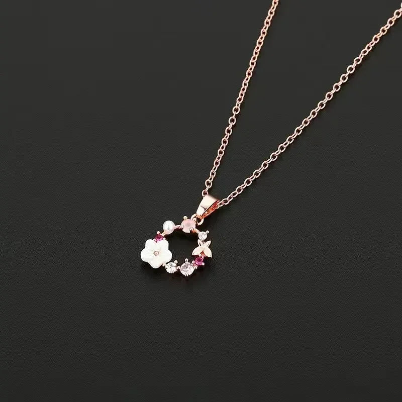 4 Pieces Rose Gold-color Jewelry Set Lady Flower Necklace Ring Earrings Fashion Accessories Zircon Simple Ornate Exquisite