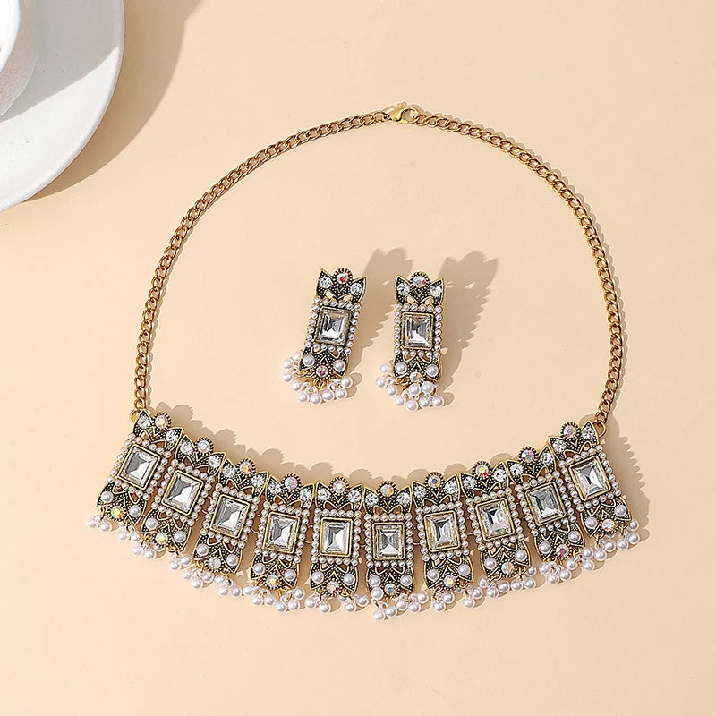 Luxury Blue Crystal Geometric Necklace Earrings Sets Bride Exquisite Zircon Pearl Tassel Necklace Women Wedding Banquet Jewelry