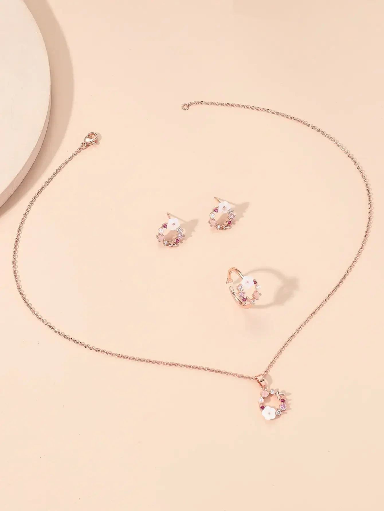 4 Pieces Rose Gold-color Jewelry Set Lady Flower Necklace Ring Earrings Fashion Accessories Zircon Simple Ornate Exquisite