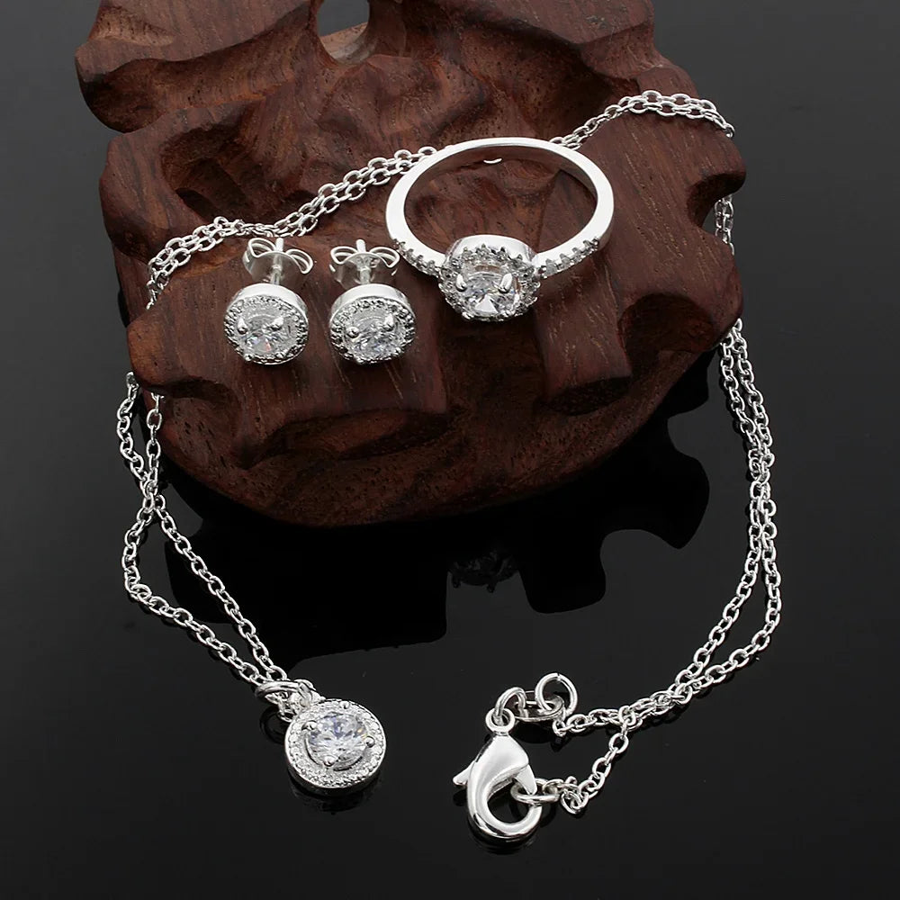 Fine 925 Sterling Silver Necklace Earring Ring Jewelry Set Solid Christmas Gift Noble Elegant for Lady Women Shiny Crystal CZ
