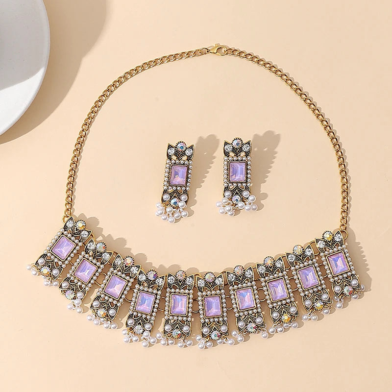 Luxury Blue Crystal Geometric Necklace Earrings Sets Bride Exquisite Zircon Pearl Tassel Necklace Women Wedding Banquet Jewelry