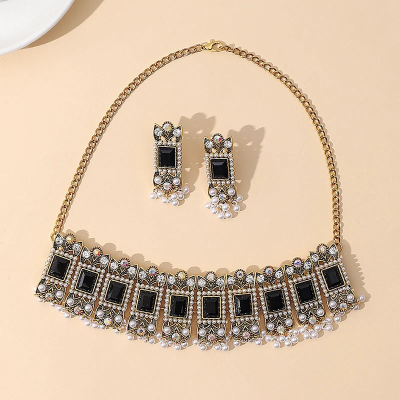 Luxury Blue Crystal Geometric Necklace Earrings Sets Bride Exquisite Zircon Pearl Tassel Necklace Women Wedding Banquet Jewelry