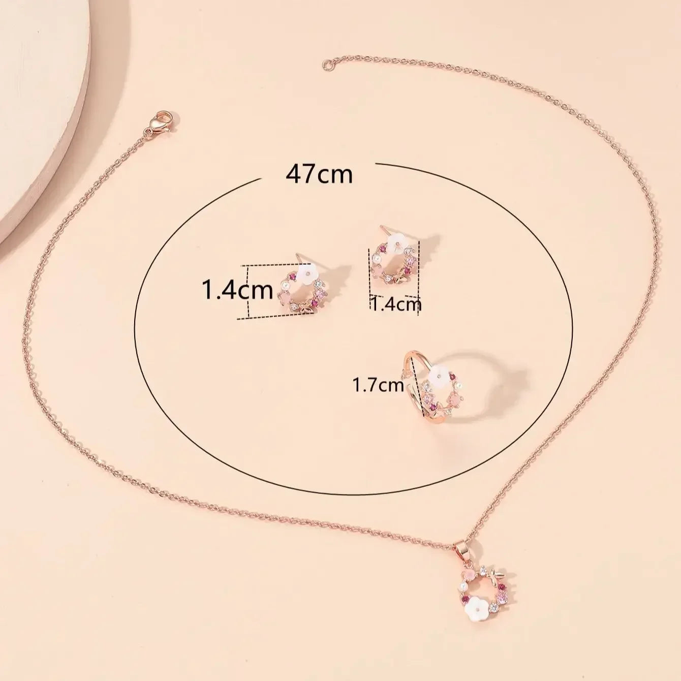 4 Pieces Rose Gold-color Jewelry Set Lady Flower Necklace Ring Earrings Fashion Accessories Zircon Simple Ornate Exquisite