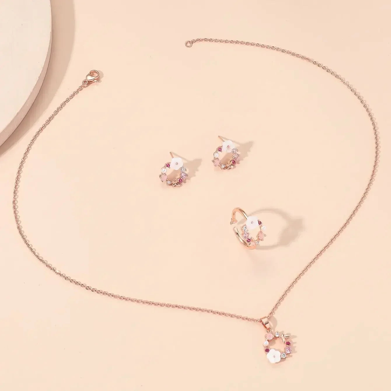 4 Pieces Rose Gold-color Jewelry Set Lady Flower Necklace Ring Earrings Fashion Accessories Zircon Simple Ornate Exquisite