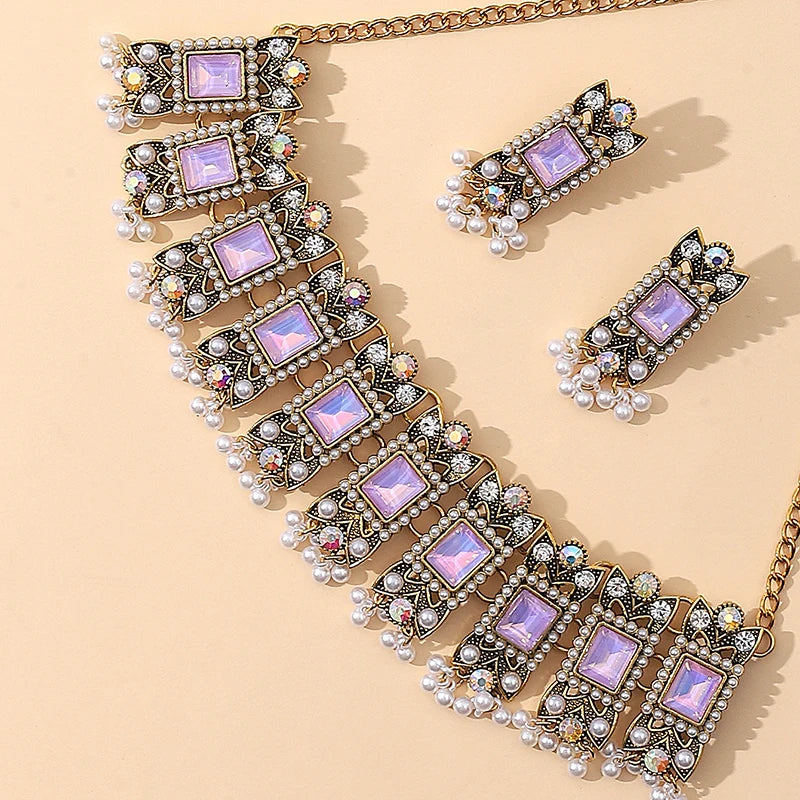 Luxury Blue Crystal Geometric Necklace Earrings Sets Bride Exquisite Zircon Pearl Tassel Necklace Women Wedding Banquet Jewelry