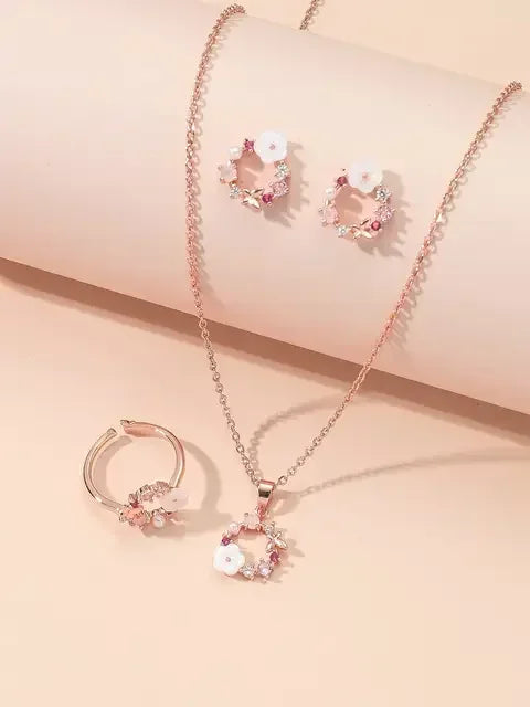 4 Pieces Rose Gold-color Jewelry Set Lady Flower Necklace Ring Earrings Fashion Accessories Zircon Simple Ornate Exquisite