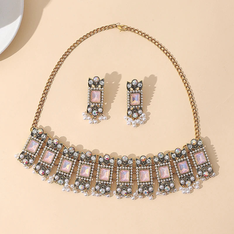 Luxury Blue Crystal Geometric Necklace Earrings Sets Bride Exquisite Zircon Pearl Tassel Necklace Women Wedding Banquet Jewelry
