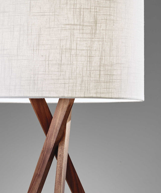 63" Brown And White Solid Wood Tripod Floor Lamp With White Linen Drum