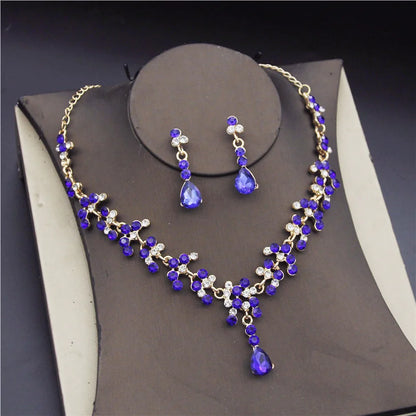 Crystal Bridal Wedding Jewelry Sets Women Gold Color Rhinestone Necklace Long Earrings Set Dress Accessories Bridesmaid
