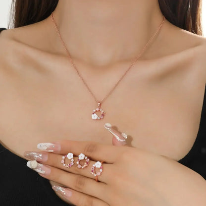 4 Pieces Rose Gold-color Jewelry Set Lady Flower Necklace Ring Earrings Fashion Accessories Zircon Simple Ornate Exquisite
