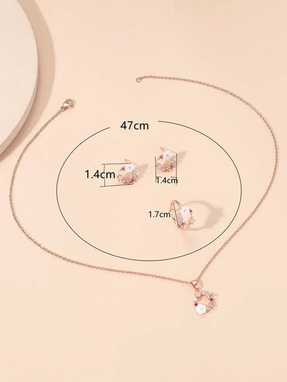 4 Pieces Rose Gold-color Jewelry Set Lady Flower Necklace Ring Earrings Fashion Accessories Zircon Simple Ornate Exquisite