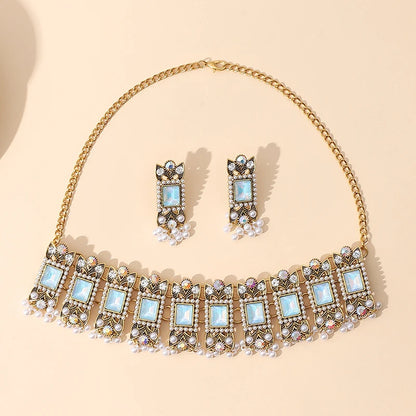 Luxury Blue Crystal Geometric Necklace Earrings Sets Bride Exquisite Zircon Pearl Tassel Necklace Women Wedding Banquet Jewelry