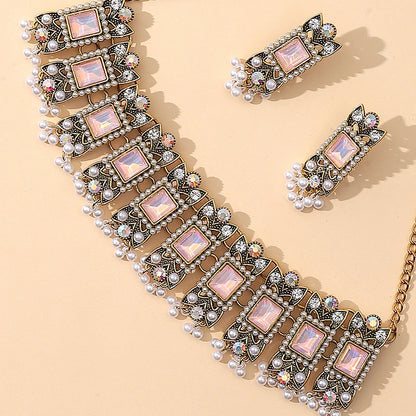 Luxury Blue Crystal Geometric Necklace Earrings Sets Bride Exquisite Zircon Pearl Tassel Necklace Women Wedding Banquet Jewelry