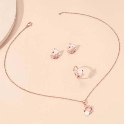 4 Pieces Rose Gold-color Jewelry Set Lady Flower Necklace Ring Earrings Fashion Accessories Zircon Simple Ornate Exquisite